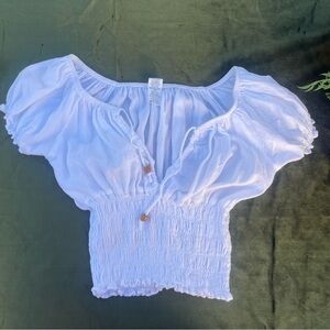White Puff-Sleeve Smocked Crop Top